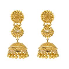 Virani Jewelers presents an opulent beauty with this 22k gold necklace and earring set. The beaded details, meticulously designed, create a sense of grandeur that graces your neckline and ears. This 22k gold jewelry set is more than jewelry; it's a Virani Jewelers creation that invites you to embrace opulence with every wear. Adorn yourself with this Indian gold jewelry masterpiece and let it become a symbol of your refined taste. Features • 22k yellow gold • Filigree details • Beaded accents Ne Gold Kundan Filigree Earrings, Ornate Gold Kundan Danglers, Ornate Kundan Gold Danglers, Bollywood Style 22k Yellow Gold Bridal Earrings, Ornate Filigree Chandbali Jhumkas, Traditional Gold Chandbalis With Intricate Design, Traditional Earrings With Gold Beads, Traditional Gold Beaded Earrings, Yellow Gold Kundan Chandbalis With Intricate Design