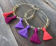 Tassel Hoop Earrings with Czech Glass  Boho Style Tassel Cheap Festive Hoop Earrings With Latkans, Adjustable Tassel Jewelry For Festive Occasions, Adjustable Gold Bohemian Tassel Earrings, Gold Tassel Earrings For Festivals, Handmade Gold Bohemian Tassel Earrings, Gold Tassel Earrings With Dangling Beads For Festival, Bohemian Gold Hoop Earrings For Celebration, Gold Tassel Jewelry For Celebration, Festival Gift Jewelry With Tassels