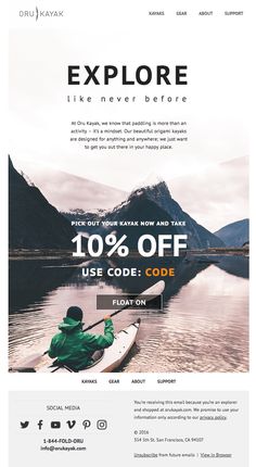 the landing page for an email marketing campaign with a man in a kayak on water