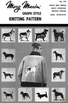 an old knitting pattern for a man's sweater with dogs and cats on it