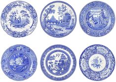 six blue and white plates with different designs on the front, side, and back