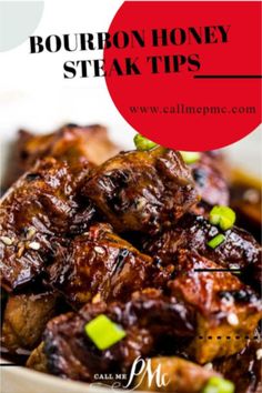 bourbon honey steak tips with text overlay