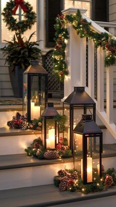 Christmas Porch Decorating Ideas, Girly Christmas Gifts, Church Christmas Decorations, Christmas Porch Decor Ideas, Holiday Lanterns, Daily Ideas, Porch Decorating Ideas, Homemade Christmas Decorations