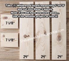 the measurements for wood planks are shown in three different sizes and shapes, including one with