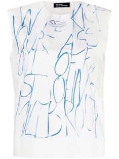 off-white/navy blue cotton graphic print to the front logo patch to the front crew neck sleeveless straight hem Raf Simmons, Raf Simons, Zara Man, Cotton Tank Top, Print Tank, Printed Tank Tops, White Tank Top, Patch Logo, Printed Cotton