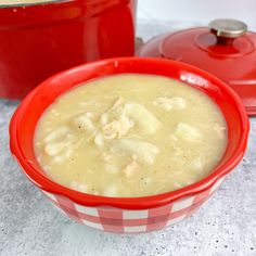 a red bowl filled with soup next to a pot full of chicken and dumplings