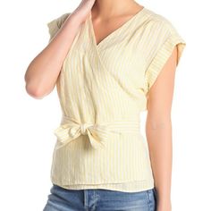 Frame Wrap Sleveless Striped Linen Shirt Top Golden Haze Womens Size Small New With Tags. Retail $240.00 Smoke Free, Pet Free Environment Measurements Chest 38 3/4" Length Top Shoulder To Front Hem 24" Arm Hole Opening 9 1/4" Across Yellow Cotton V-neck Shirt, Yellow Cotton V-neck Blouse, Yellow V-neck Summer Shirt, Yellow Relaxed Fit Linen Shirt, Casual Mustard Cotton Blouse, Chic Mustard Short Sleeve Top, Spring Linen Top For Brunch, Chic Yellow Short Sleeve Tops, Yellow Relaxed Fit Top For Work