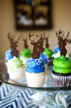 cupcakes with green frosting and blue icing are on a glass plate