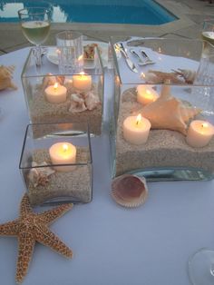 Seashore Table Beach Sand Centerpieces, Wedding Beach Theme Decorations, Birthday Beach Theme Decorations, Under The Sea Center Piece Ideas, Coastal Vase Decor, Beach Theme Party Table Decor, Wedding Decorations Beach Theme, Diy Beach Wedding Decor, Wedding Beach Centerpieces