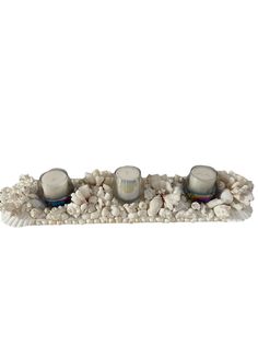 three candles sitting on top of some shells