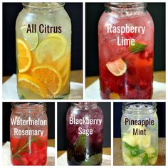 four mason jars filled with different types of fruit and veggies, all labeled raspberry lime, watermelon rosemary, pineapple sage, rasp mint, rasp