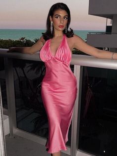 F00115942-305 Pink Satin Backless Midi Dress, Pink Satin Halter Neck Maxi Dress, Pink Satin Halter Dress For Date Night, Glamorous Pink Satin Midi Dress, Elegant Pink Halter Neck Dress, Pink Backless Midi Dress For Night Out, Pink Midi Length Backless Dress For Night Out, Pink Halter Neck Evening Dress, Pink Maxi Length Halter Dress For Date Night