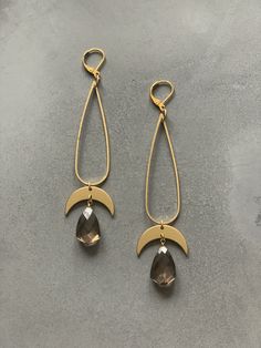 18k gold plated lever back earrings with black brass, tarnish resistant brass and smokey quartz. 4” length. Luxury Tarnish Resistant Brass Jewelry, Luxury Tarnish-resistant Brass Earrings, Luxury Tarnish-resistant Brass Jewelry, Cheap Brass Dangle Jewelry, Silversmithing Jewelry, Wire Jewelery, Funky Jewelry, Upcycled Jewelry, Black And Brass