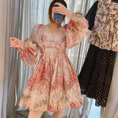 Vintage Floral Mini Dress (Sexy) Resort Dress, Vintage Boho Dress, Zipper Dress, Resort Dresses, Elegant Ladies, Women Pink, Long Puff Sleeves, Dress Zipper, Classy Women