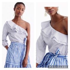 A One-Shoulder Striped Top In An Easy Cotton Poplin Means Your Day Just Got Waaaay Cuter. This Stylish Blouse Is From J. Crew. Features Long Sleeve, Flirty Ruffles, Elastic Cuff And Side Zip. Brand: J. Crew Size: 14 Material: Cotton Color: Blue/White Condition: Nwt Pit To Pit: Approx. 20 1/2” Length: Approx. 24” Elegant One Shoulder Top With Ruffles For Summer, Elegant One Shoulder Ruffled Top For Summer, One Shoulder Summer Workwear Blouse, One Shoulder Summer Blouse For Work, Summer One Shoulder Top With Ruffles, White One-shoulder Blouse For Work, Chic Blue One-shoulder Top For Summer, Chic Blue One Shoulder Top For Summer, Elegant One Shoulder Top For Summer Brunch