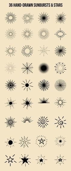 an image of sunbursts and stars in black ink on white paper with the words, 30 hand drawn sunbursts & stars