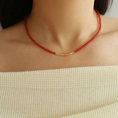 Introducing our Red Agate Beaded Necklace with scattered gold accents - the perfect accessory for enhancing your complexion and adding a touch of luxury. Versatile, sophisticated and timeless, this must-have necklace features delicate natural agate beads and exquisite craftsmanship. Don't miss out on capturing the festive spirit with this chic and sophisticated piece. Metal: 18K Recycled Gold Plated On Brass Gemstone: Red Onyx Agate Dimensions: 3.5mm Necklace Length: 400-450mm Weight: 7g Elegant Red Coral Beaded Necklace With Faceted Beads, Elegant Agate Beaded Necklace With Polished Beads, Elegant Carnelian Beaded Necklace With Natural Stones, Elegant Beaded Necklace With Carnelian Stones, Yellow Gold Gemstone Beaded Necklaces, Elegant Agate Beaded Crystal Necklaces, Elegant Red Coral Necklaces With Polished Beads, Elegant Carnelian Beaded Necklace With Gemstone Beads, Elegant Red Beaded Necklaces With Natural Stones