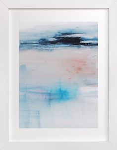 an abstract painting with blue, pink and white colors on the water in a wooden frame