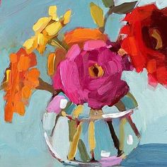 an oil painting of flowers in a vase