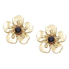 Fun and flirty, you'll be turning heads for sure in these statement making three dimensional blooming flower earrings! Polished gold tone flower earrings are a wonderful addition to your spring and summer look. The glittering crystals flower centers catch the light beautifully, adding major sparkle, making these earrings spectacular! Chic polished gold tone metal flowers have a realistic looking petals and are accented with a sparkling black glass crystal rhinestone center. Featherweight and so Gold Earrings With 3d Flowers For Spring, Gold Flower Clip-on Earrings For Spring, Gold Flower Earrings For Spring, Chic Flower Earrings With Flower Charm, Gold Chic Flower Earrings, Chic Flower Charm Earrings For Gift, Chic Flower Charm Earrings As Gift, Chic Gold Flower Earrings, Chic Metal Flower Earrings