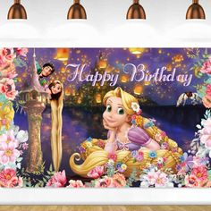 an image of a birthday card with princesses and flowers on the wall in front of it