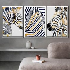 two zebras are shown in this modern living room