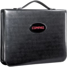 the compaq briefcase is black with red writing on it's front pocket