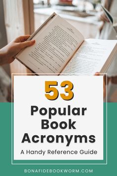 a person holding an open book with the title 53 popular book acronyms