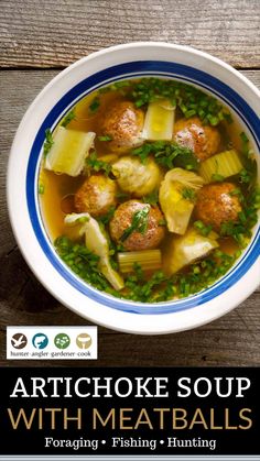 a bowl of soup with meatballs and peas is shown in this ad for artichoke soup