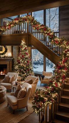 a living room filled with furniture and christmas decorations