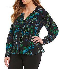 Calvin Klein Plus Size Woven Floral Print Long Sleeve Top Elegant Floral Print Top With Split Neck, Elegant Floral Print Split Neck Top, Spring Workwear Split Neck Blouse, Spring Workwear Blouse With Split Neck, Spring Split Neck Workwear Blouse, Floral Print 3/4 Sleeve Workwear Blouse, Floral Print 3/4 Sleeve Work Blouse, Floral Print Workwear Blouse With 3/4 Sleeves, Floral Print 3/4 Sleeve Workwear Top