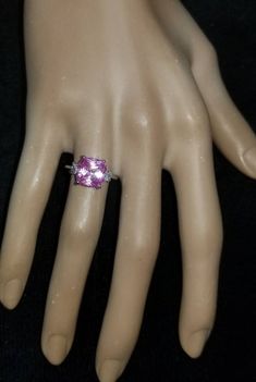 GORGEOUS  vintage 14K WHITE GOLD  engagement ring pink  sapphire in cushionl shape  center  lab grown sapphire weight 4.93carat . size 9x9mm very nice vivid pink color ,nice luster, very lively ,nice cut. clean.sparkly sapphire .side two natural old mine cut  diamonds total weight 0.35ct. Size 3.3mm H-SI1 ring size 6Resizable Appraisal available Retail value $3,750 net. Formal Pink Sapphire Rings With Cushion Cut, Formal Pink Sapphire Cushion Cut Rings, Pink Emerald Cut Sapphire Ring In Fine Jewelry Style, Pink Emerald Cut Sapphire Ring Fine Jewelry, Fine Jewelry Pink Sapphire Ring With Emerald Cut, Fine Jewelry Pink Emerald-cut Sapphire Ring, Luxury Pink Cubic Zirconia Wedding Jewelry, Elegant Pink Sapphire Ring For Formal Events, Elegant Pink Jewelry With Center Stone