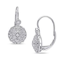 A brilliant and dainty look, these shimmering petite vintage-inspired diamond drop earrings go from easy to elegant. Crafted in cool 14K white gold, each round earring features a geometric design with diamonds and intricate milgrain details beneath a single diamond in a decorated frame. Sparkling with 1/8 ct. t.w. of diamonds and a bright polished shine, these heirloom-style earrings secure with lever backs. Blue Crystal Earrings, Pink Studs, Natural Stone Jewelry, Leverback Earrings, Crystal Stud Earrings, Diamond Drop Earrings, White Earrings, Gold Drop Earrings, Round Earrings