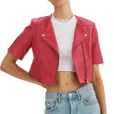 Genuine Soft Lambskin Leather Cropped Motor Biker Jacket Pink Short Sleeves Blank Nyc Suede Jacket, Purple Leather Jacket, Juicy Couture Jacket, Green Leather Jackets, Blue Chocolate, Leather Blazer Jacket, Faux Leather Biker Jacket, Suede Fringe Jacket, Leopard Print Jacket