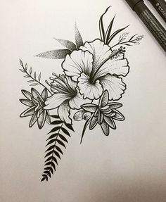 a pencil drawing of flowers and leaves on paper