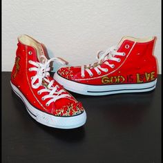 Christian Praises! God Is Love! Custom Made Converse All Stars. Women's Size 10 Men's Size 8 Red Converse Sneakers With Rubber Sole, Converse Custom Sneakers With Red Sole, Converse Custom Low-top Sneakers With Red Sole, Red High-top Sneakers With Speckled Midsole, Red Mid-top High-top Sneakers With Speckled Midsole, Red High-top Converse Sneakers, Black All Stars, Converse Shoes Custom, Converse White High