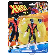 the action figure has an orange and black suit with blue eyes, while he stands in front of a yellow background