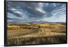 a landscape with rolling hills and clouds in the background framed canvas wall art print by panoramic images