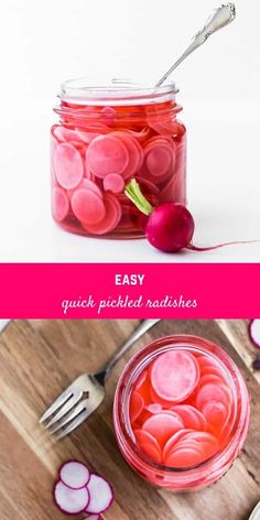 a jar filled with pickled radishes on top of a wooden cutting board