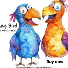 two colorful birds standing next to each other with the words sunny bird on their faces