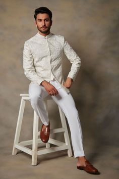 Buy White Polyester Embroidered Geometric Bandhgala Set For Men by Gargee Designers Online at Aza Fashions. White Bandhgala, Embroidered Bandhgala, Embroidered Motifs, Polyester Pants, Full Sleeves, White Beige, 2 Set, Aza Fashion, Full Sleeve