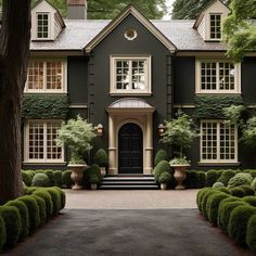 a large house with lots of windows and bushes in front of the entrance to it