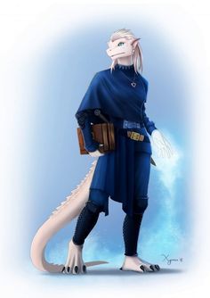 a drawing of a person in blue with a dragon like body and tail, holding a book