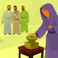 a woman in a purple robe standing next to a table with a pot on it