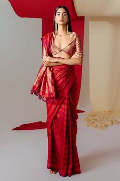 Red saree with floral stripe woven motifs and tassel border. Comes with unstitched blouse piece. - Aza Fashions Elegant Handloom Saree For Reception, Elegant Handloom Red Pre-draped Saree, Elegant Red Handloom Pre-draped Saree, Fitted Slub Silk Pre-draped Saree For Puja, Fitted Slub Silk Pre-draped Saree For Diwali, Red Pre-draped Saree With Unstitched Blouse In Cotton Silk, Red Cotton Silk Blouse With Traditional Drape, Red Cotton Silk Blouse For Festive Season, Festive Red Blouse In Cotton Silk