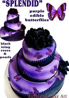 a purple cake sitting on top of a white plate covered in frosting and butterflies