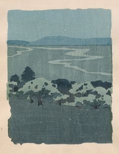 an image of a painting on paper with water and trees in the background at night