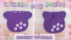 two crocheted bags with flowers on them and the words sakura cat pouch