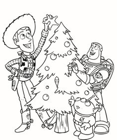 toy story coloring pages with woody and friends around the christmas tree for kids to color