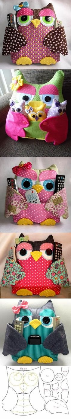 four different types of pillows sitting on top of each other in the shape of owls